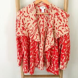 Neiman Marcus Exclusive Draped Open Front Cardigan Sweater Red Beige Abstract M